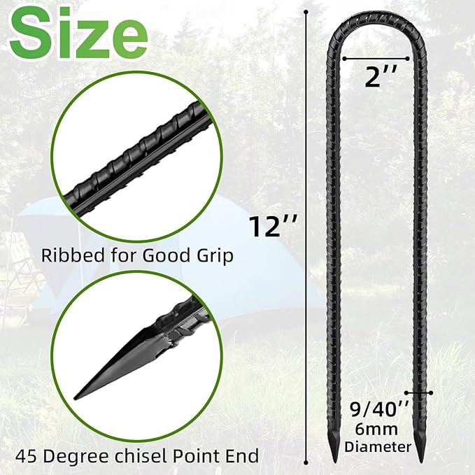 Black Trampoline Stakes Anchors High Wind 12inx6mm Galvanized U Hook 12pcs Rebar Stakes – Heavy Duty Ground Anchors for Trampoline,Yard & Inflatable,Landscape Metal Stakes for Outdoor Decorations