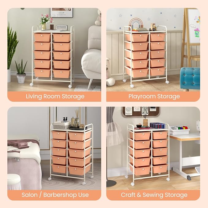 Giantex 10 Drawers Rolling Cart, Classroom Organizers, Storage Cart with Wheels, for Teacher Office Home School Supplies Tool Craft Art Paper, Peach Fuzz