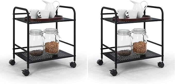 SunnyPoint 2-Tier Metal Rolling Utility Cart – Mobile Storage Shelf with Caster Wheels – Small Space Organizer for Home, Office, Bedroom, Kitchen (BLK) (Pack of 2)