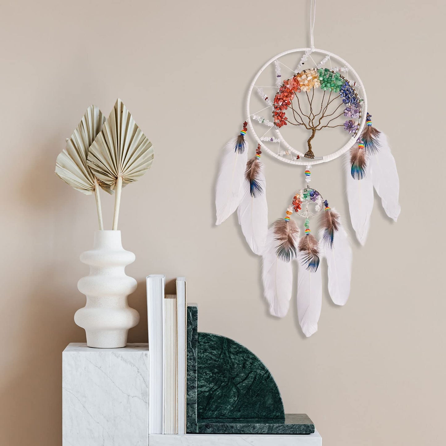 7 Chakras White Tree of Life Dream Catchers Wall Decor with Rainbow Healing Crystal Stone Handmade Art Feather Dreamcatcher Wall Hanging Ornament for Bedroom Decor Blessing Gift Wedding Party-23.6"