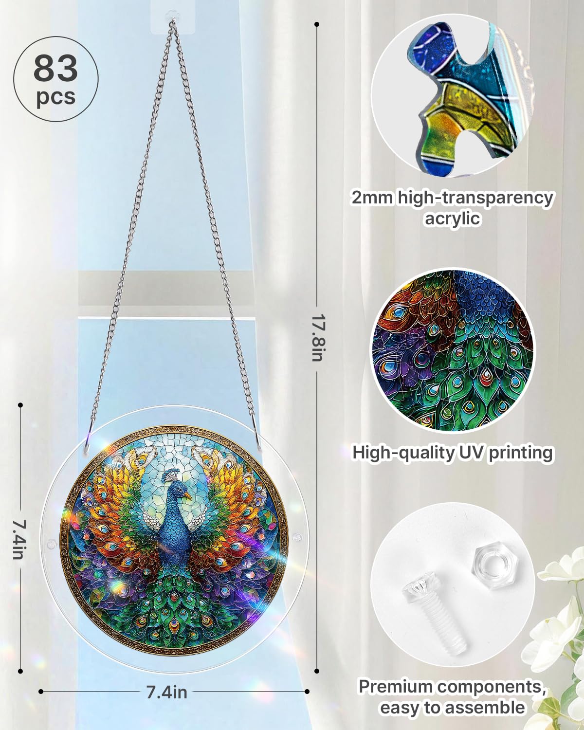 Acrylic Puzzle Suncatcher 83 Pieces, Peacock of Radiance Sun Catchers Puzzle, DIY SunCatchers Puzzles Window Hanging, Home & Garden Decor, 7.4 in