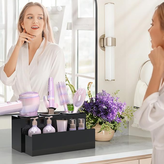 Hair Tool Organizer, Removable Blow Dryer Holder for Bathroom, Hot Tools Organizer For Hair Dryer, Blow Dryer, Curling Iron, Hair Straightener, Bathroom Countertop Organizer, Glossy Black
