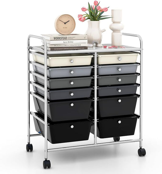 LDAILY 12 Drawer Rolling Storage Cart, Craft Cart Organizer on Wheels w/Metal Frame, Large Capacity & Smooth Drawer, Rolling Cart w/Drawers for Classroom, Office