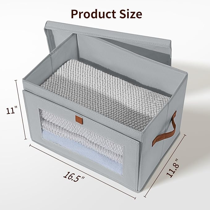 DIMJ Storage Bins with Lids - 4 Pack Large Fabric Closet Organizer with Window & Handles, Collapsible Decorative Storage Boxes for Shelves Under Bed, Books Clothes Blankets Sweaters Organization