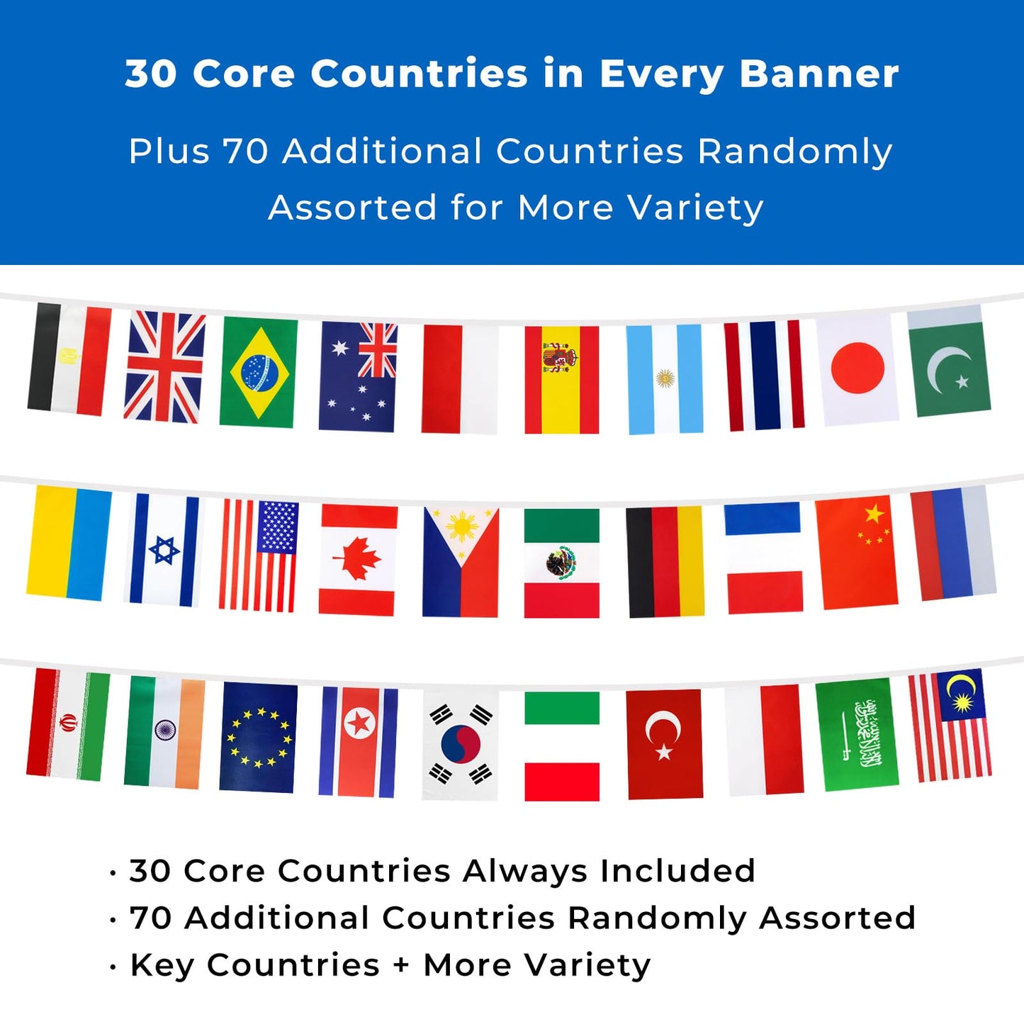 100 Country Flags Banner 82ft, Pre-Strung Reusable Polyester Flags of the World International Bunting for Classroom Decor, Party, Festival, Patio & Outdoor Events