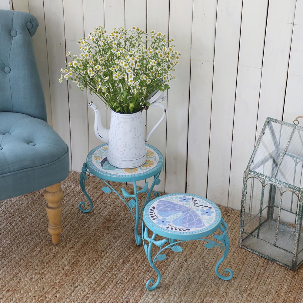 Rustic Metal Plant Stand Set of 2 Indoor & Outdoor Round Ceramic Top Butterfly Mosaic Planter Pot Stand Low Heavy Duty Flower Holder Rack for Patio Living Room Garden Farmhouse Accessory Decor Gift
