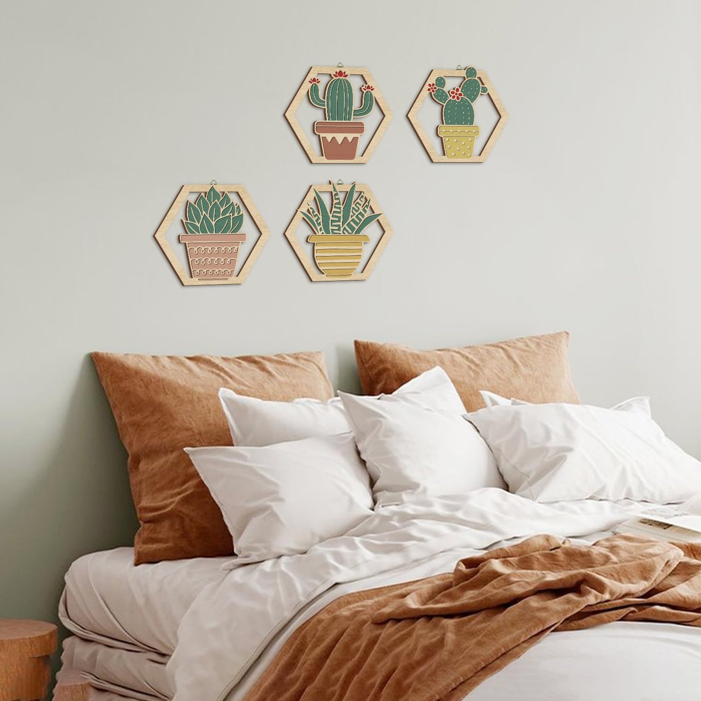 HOURIA 4Pcs Boho Cactus Wall Decor(10”x9”),Rustic Tropical Botanical Floral Wall Art,Hexagon Southwest Succulent Plant Wood Hanging Sign for Farmhouse Toilet Restroom Living Room Office