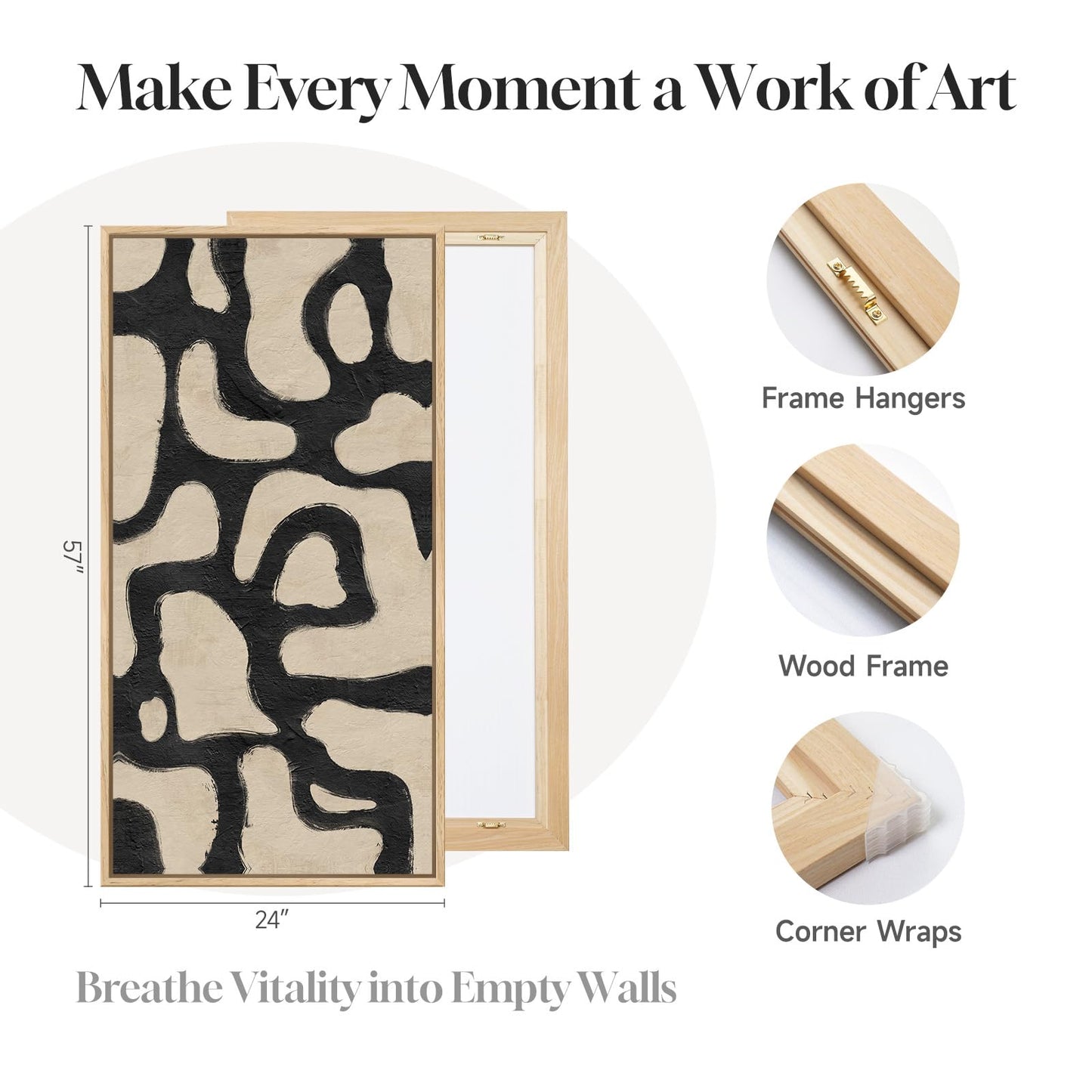 Framed Neutral Horizontal Abstract Wall Art for Living Room, Extra Large Black and Beige Modern Painting Print, Mid Century Canvas Artwork for Dining Room Bedroom Hallway Office Walls Decor, 30x60 Inch