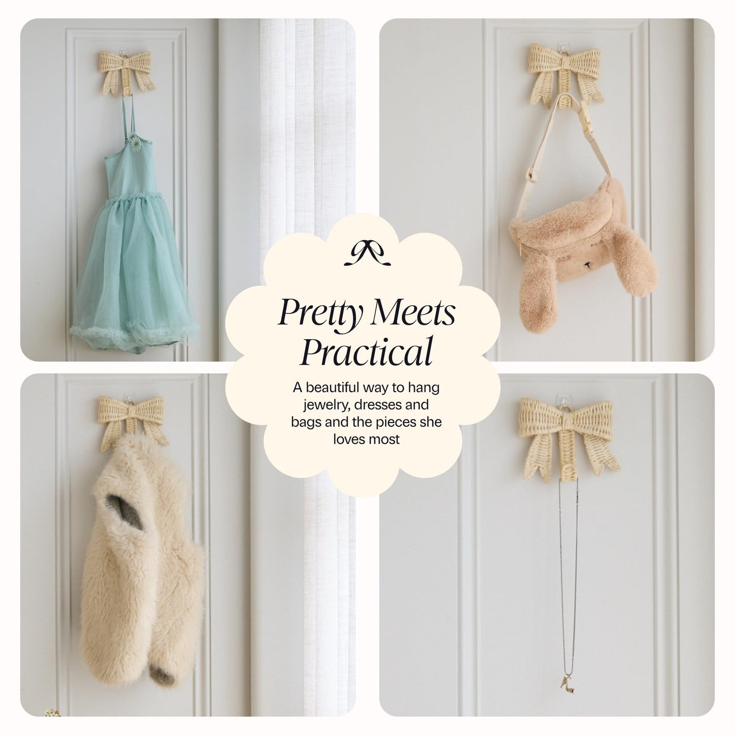 BEBE BASK Handwoven Rattan Bow Wall Hooks Set of Two (5.9 × 5.1 in) – Decorative Wall Hooks, Bow Decor for Girl’s Room & Nursery Decor