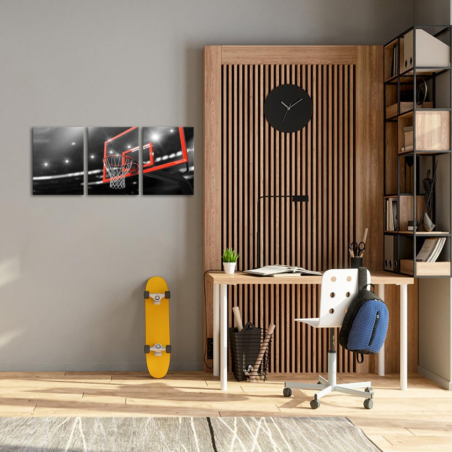 KLVOS 3 Pieces Basketball Wall Art Prints Black and White Red Basketball Hoop Poster Photograph Painting Sport Picture Canvas Art Boys Gift Modern Home Bedroom Gym Room Framed Decoration