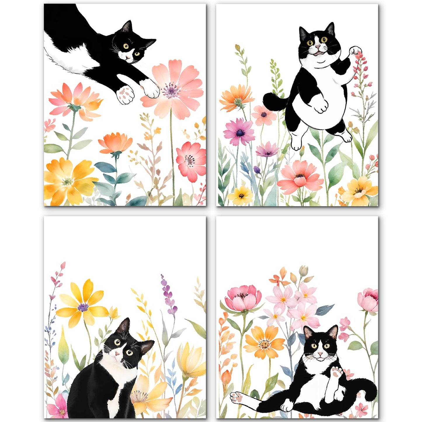 JINYO Wildflower Black and White Cat Wall Art Prints Set of 4, Black Cat Room Home Decor, Funny Cute Tuxedo Kitty Kitten Floral Botanical Posters Pictures Wall Decor, 8x10 Unframed