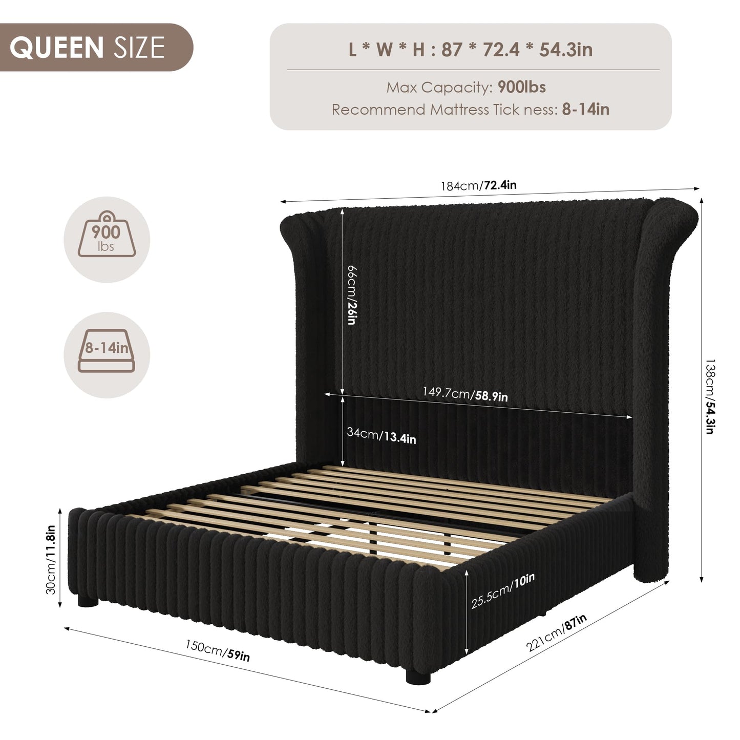 Keyluv Queen Bed Frame with 54” Tall Faux-Fur Wingback Headboard, Upholstered Platform Bed with LED Light, Mattress Foundation with Solid Wooden Slats Support, No Box Spring Needed, Noise-Free, Black
