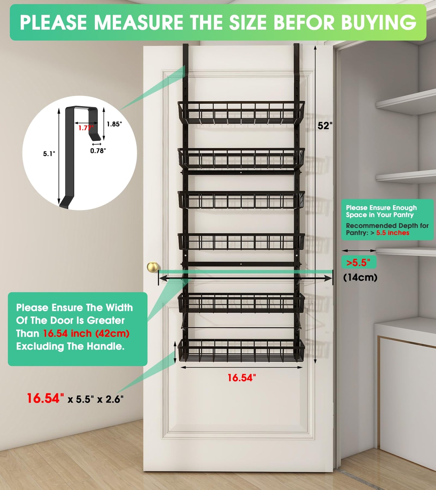 Mefirt Over The Door Pantry Organizer, Pantry Storage and Organization, 6-Tier Adjustable Hanging Baskets, Metal Wall Mount Spice Rack Seasoning Shelves for Home & Kitchen, Laundry Bathroom - Black