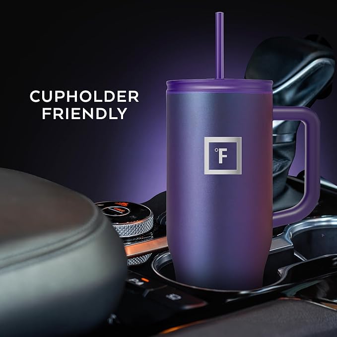 IRON °FLASK Co-Pilot Insulated Mug w/Straw & Flip Cap Lids - Cup Holder Bottle for Hot, Cold Drink - Leak-Proof - Water, Coffee Portable Travel Mug - Dark Rainbow, 40 Oz