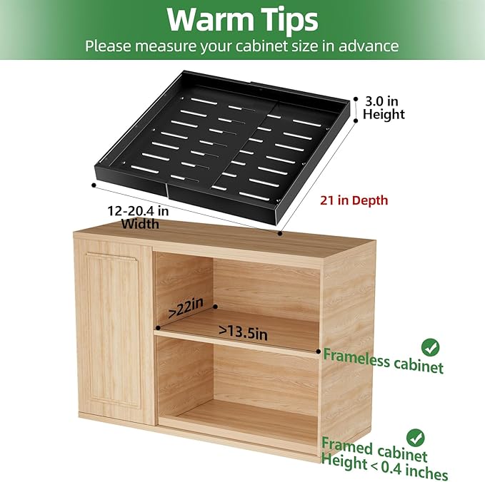 PAKETA 2 Pack Expandable Pull Out Cabinet Organizer, 21'' Deep Pull Out Drawers for Cabinet, Upgrade 3 Slide Rails Sliding Drawer for Cabinets with Adhesive Nano Film (Black, 21"D X 12-20"W)