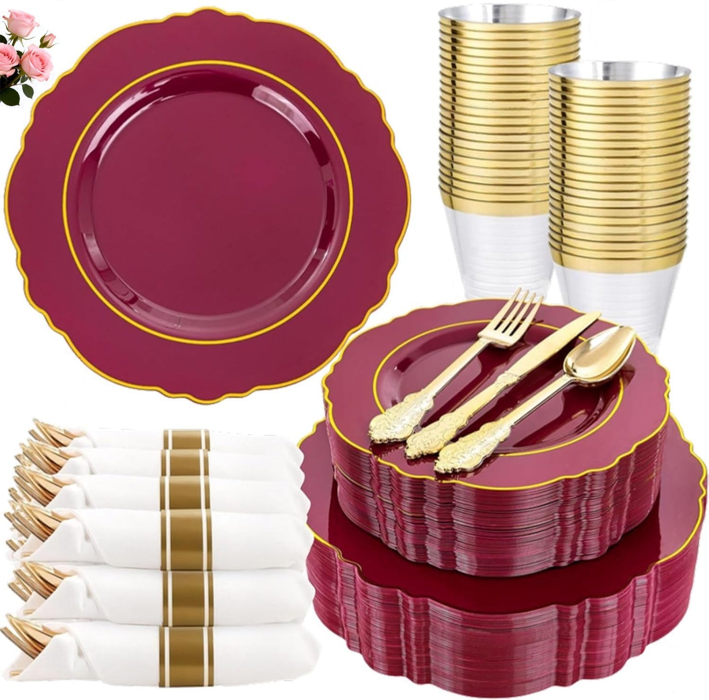 Liacere 350PCS Red Plastic Plates-Disposable Burgundy Red and Gold Plates 50guest Baroque Plastic Dinnerware include 100Plates, 50Pack Pre Rolled Napkins with Silverware 50Cups for Wedding&Mothers Day