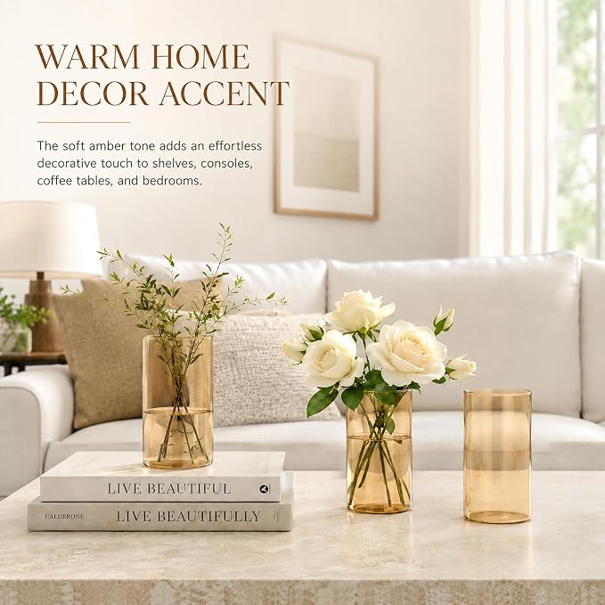 TBWIND 12pcs Gold Amber Glass Cylinder Vases for Centerpieces, 6 Inch Bulk Flower Vases for Wedding Decorations, Hurricane Candle Holder for Floating Candles and Table Home Decor