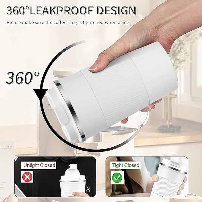 YINBAOGE Insulated Travel Coffee Mug, Spill & Leak Proof, Portable To Go Camping Stainless Steel Coffee Tumbler, Reusable Thermal Coffee Cup with Lid for Hot & Cold Drinks (White, 12 OZ)