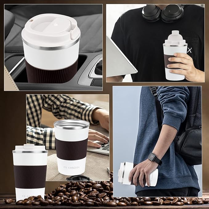 CS COSDDI 12 oz Stainless Steel Vacuum Insulated Tumbler - Coffee Travel Mug Spill Proof with Lid - coffee Cup for Keep Hot/Ice Coffee,Tea and Beer (3rd White)