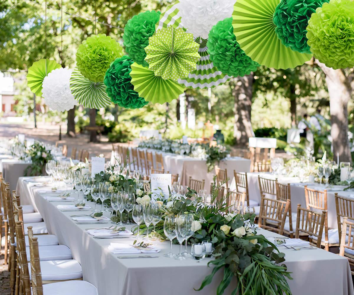 ADLKGG Green St Patricks Day Party Decorations, Hanging Round Paper Fans Pom Poms Flowers for Graduation Wedding Bridal Shower, Golf Themed Birthday, Fiesta Party Indoor Outdoor Accessories