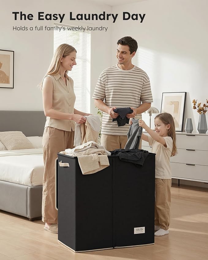 SOLEDI Large Double Laundry Hamper with Lid,165L Collapsible Clothes Hamper 2 section with Removable Bags, Space-Saving Laundry Basket for Bedroom, Dorm, College