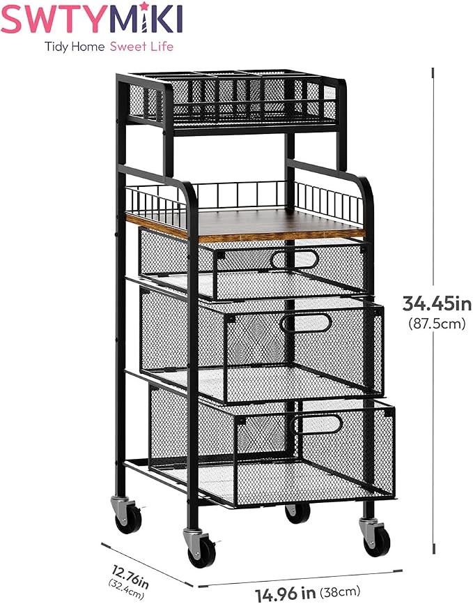 SWTYMIKI Rolling Cart with Drawers - Metal Craft Cart with Wheels, DIY Divider and Wood Shelf, Art Supply Organizer Craft Organizer and Storage, Utility Storage Cart for Home Office Studio, Espresso