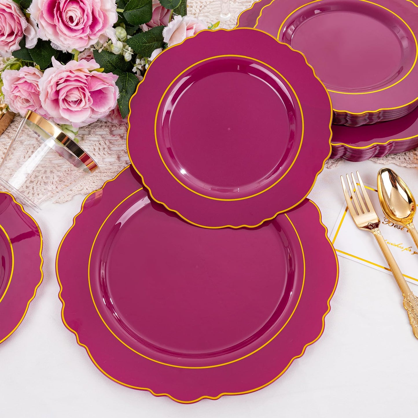 Liacere 350PCS Red Plastic Plates-Disposable Burgundy Red and Gold Plates 50guest Baroque Plastic Dinnerware include 100Plates, 50Pack Pre Rolled Napkins with Silverware 50Cups for Wedding&Mothers Day