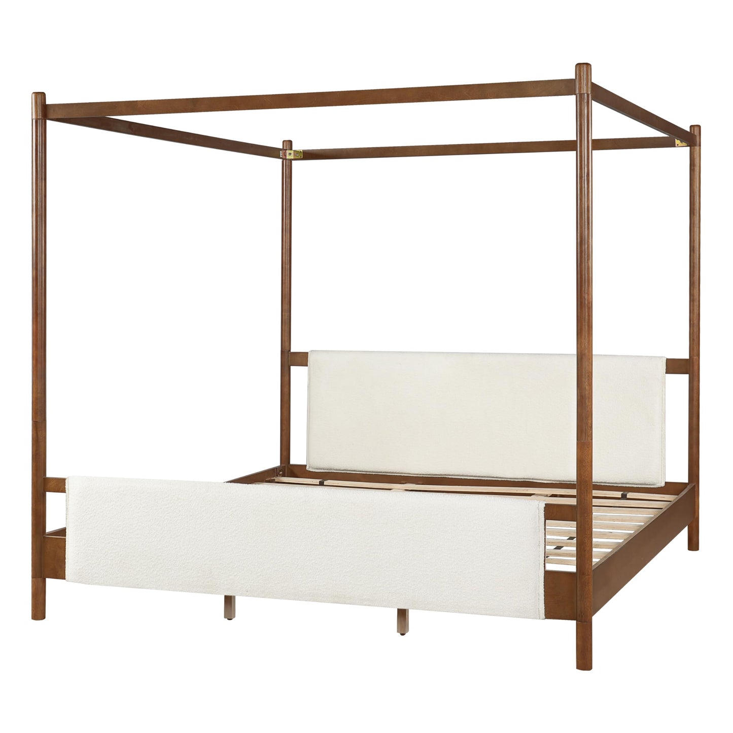 Christopher Knight Home Rotie King Size Canopy Bed Frame, Boucle Upholstered King Size Bed Frame with Headboard, King Platform Canopy Bed, Wooden Slats Support, No Box Spring Needed, White+Brown