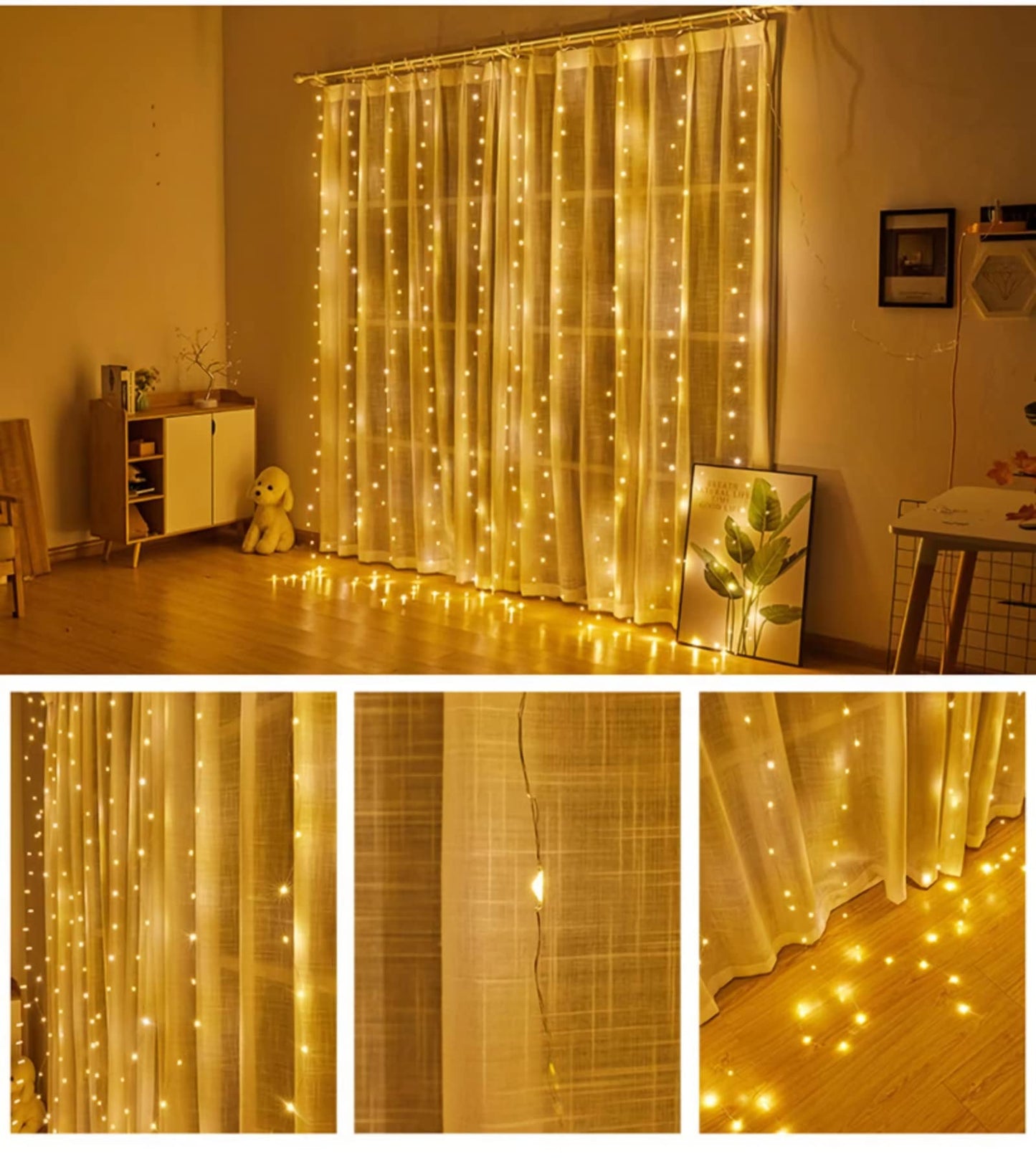 poripori 300 LED Curtain String Lights, Twinkle Fairy Lights for Bedroom with 8 Lighting Modes, USB Christmas Lights for Party Home Bedroom Indoor Wall Room Decor (Warm White)