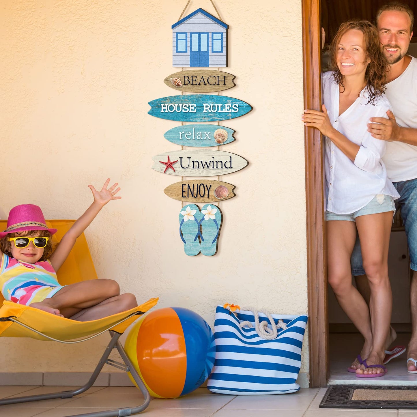 Kigley Beach Theme Wooden Wall Decor Summer Coastal Ocean Hanging Decor for Living Room, Bedroom, Bathroom Flip Flop Wood Sign with Starfish, Seashell, Coastal Wall Art for Home Office 25.2 x 9.4 Inch