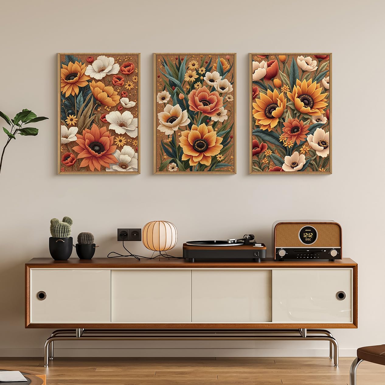 BICERE Large Boho Flower Botanical Framed Canvas Wall Art,Abstract Floral Wall Decor,Embroidery Plant Wall Painting,Bloom Wildflower Artwork for Living Room,Bedroom,Dining Room,Office -24"x36"x3