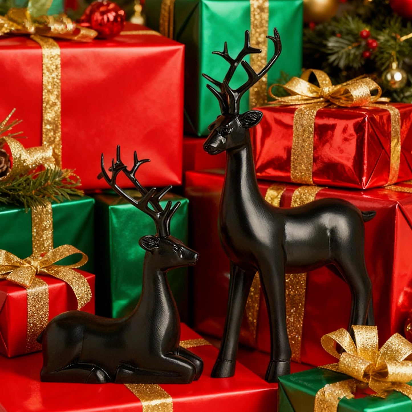 2PCS Christmas Training Deer Modern Elk Sculpture Exquisite Warm Home Decoration Deer Image Christmas Ornaments Country Style Halloween Christmas New Year Gift (Black)