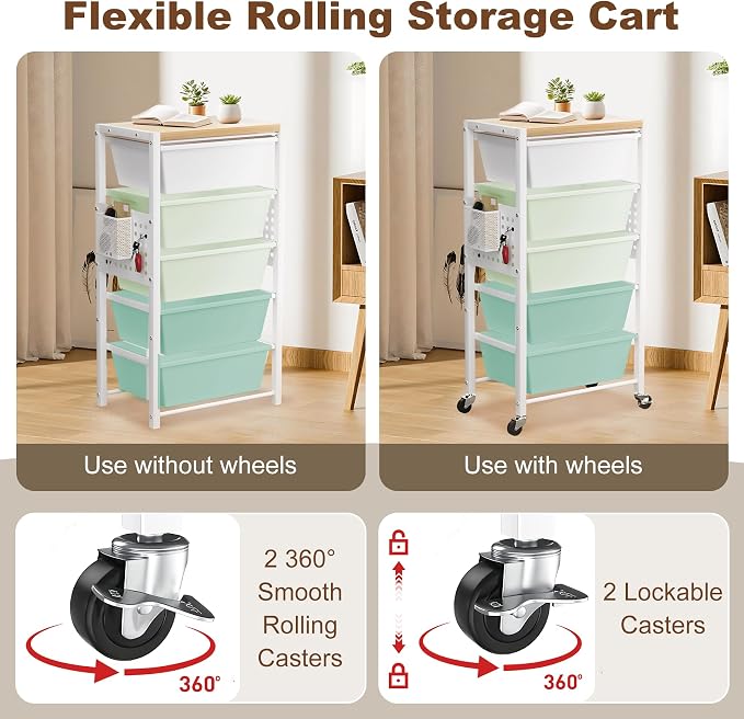 Rolling Cart with Drawers, Rolling Storage Cart with Large Plastic Drawers & Wooden Tabletop, Utility Cart with Pegboards & Basket, Storage Drawers Cart for Living Room, Classroom, Bedroom, Office