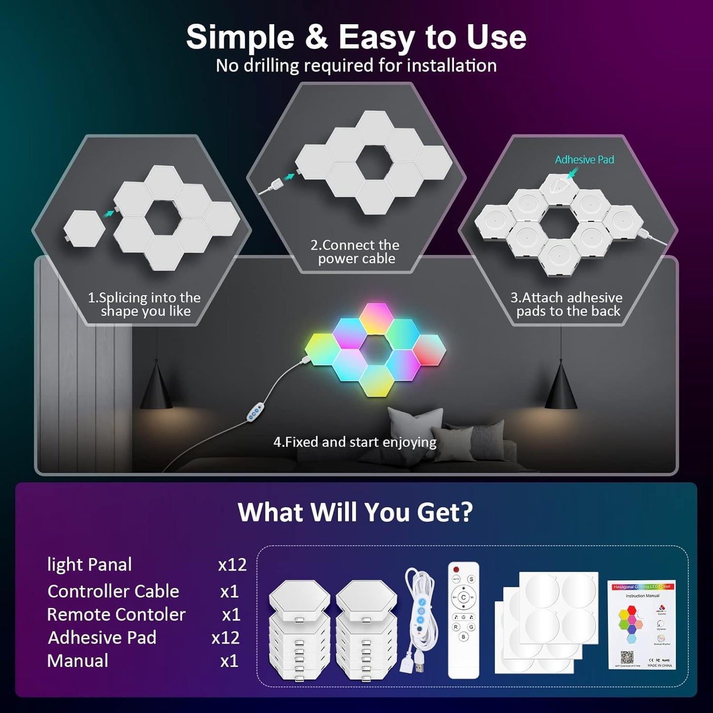 Kangtaixin Hexagon LED Lights 12 Pack - RGB Wall Panels with Music Sync, Smart App & Remote Control, DIY Modular Hex Light for Gaming Room, Bedroom, Living Room, Wall Decor