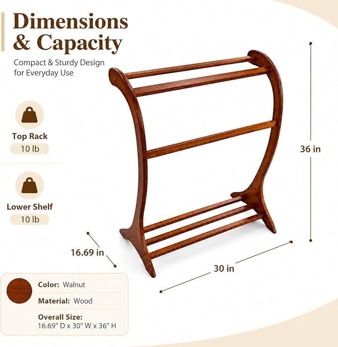 Leinuosen Wood Quilt Rack with 3 Rungs, Free Standing Blanket Holder for Living Room Bedroom Bathroom, 16.69" D x 30" W x 36" H, Retro Curved Ladder Design, Solid Wood, Antique Walnut Finish