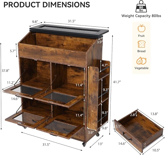 Verano Garden Large Potato and Onion Storage Bin on Wheels, Wood Bread Box w/Lid & Mesh Doors, 4-Tier Rolling Fruit and Vegetable Storage Organizer w/Grocery Section & Side Rack