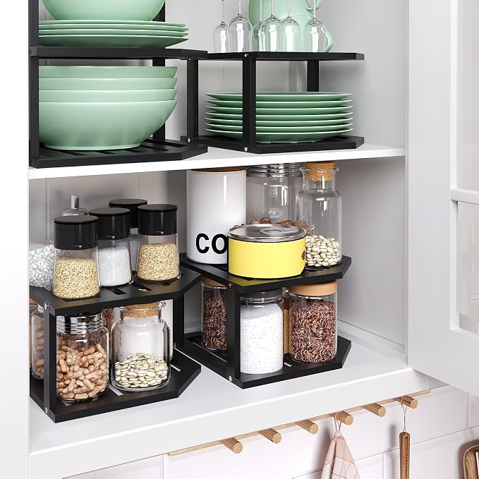 VERTORGAN Bamboo Corner Shelf(3 Pack),2 Tier Plate Organizer for Cabinet and Countertop,Pantry Dish and Spice Rack for Kitchen(Black)