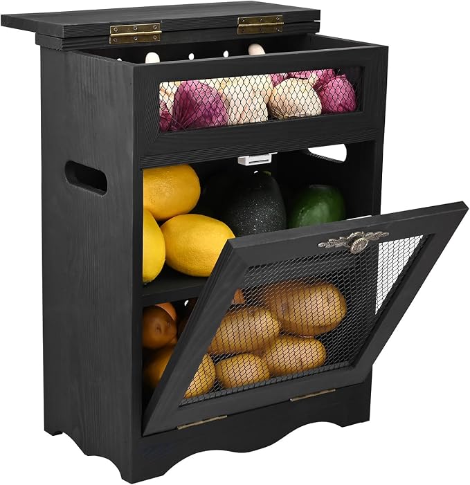 Ikee Design Free Assemble Wooden Countertop Potato and Onion Storage Bin Box, Countertop Cabinet, Wooden Bread Boxes, Potato Storage, Coffee Station,11.8W x 6.8D x 16H in, Black Color
