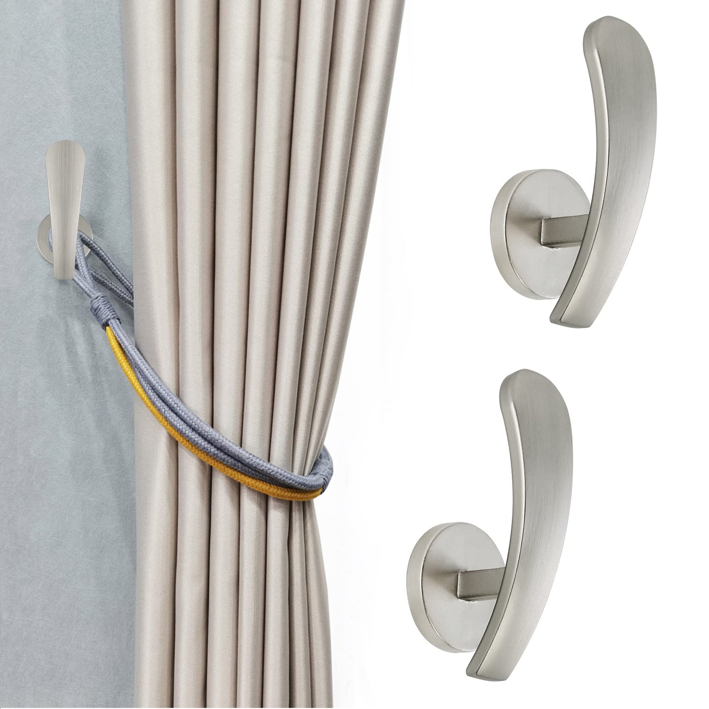 HEMOUR Curtain Holdback, 2pcs Wall Mounted Drapery Tiebacks with Screws, Decorative Drapery Metal Hook Wall Hanger, Silver
