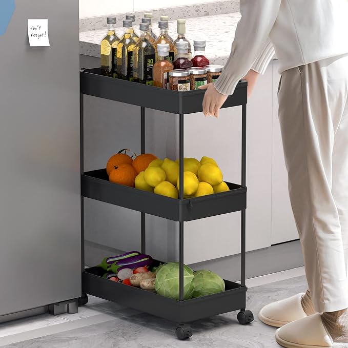 SPACELEAD 3 Tier Rolling Cart with Wheels, Storage Craft Art Trolley Organizer Serving, 3 Hanging Baskets Easy Assembly, for Office, Bathroom，Living Room, Kitchen, Black