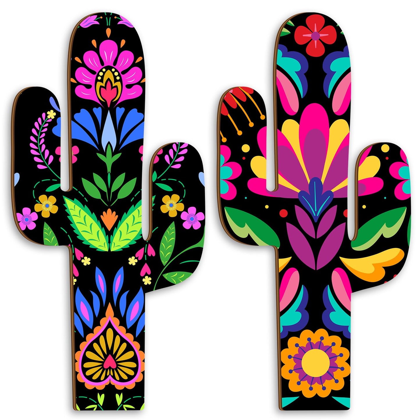 Yousoontic 2 Pcs Wood Cactus Wall Art Mexican Talavera Wall Decor 7.48 x 15.75 Inch Fiesta Party Decorations for Home Outdoor Living Room Bedroom