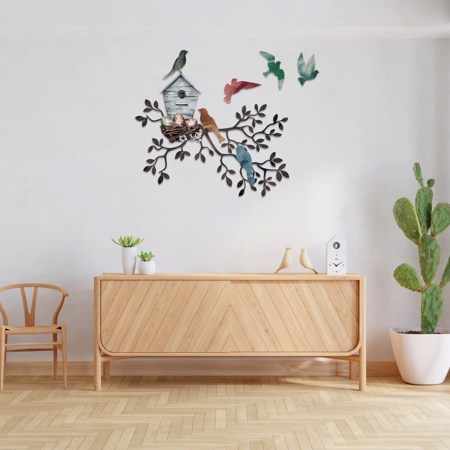 Tatuo Metal Bird Wall Art Birds on The Branch Wall Decor Hanging Metal Sculpture Silhouette Tree with Birdhouse for Living Room Tree Leaf Decor for Indoor Outdoor Garden Bedroom Office Home Party