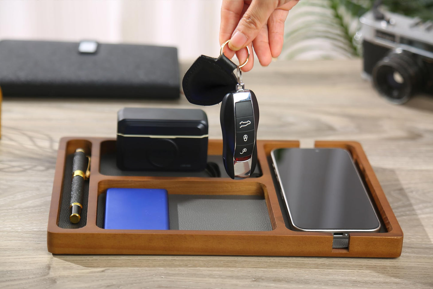 Shinpuru Wooden Valet Tray for Men, Nightstand Organizer with Leather Inlay, EDC Essentials Catchall Tray for Keys, Phone, Wallet, Watch, Earbuds - Bedside Desk Entryway Tray (Wood-Pen)