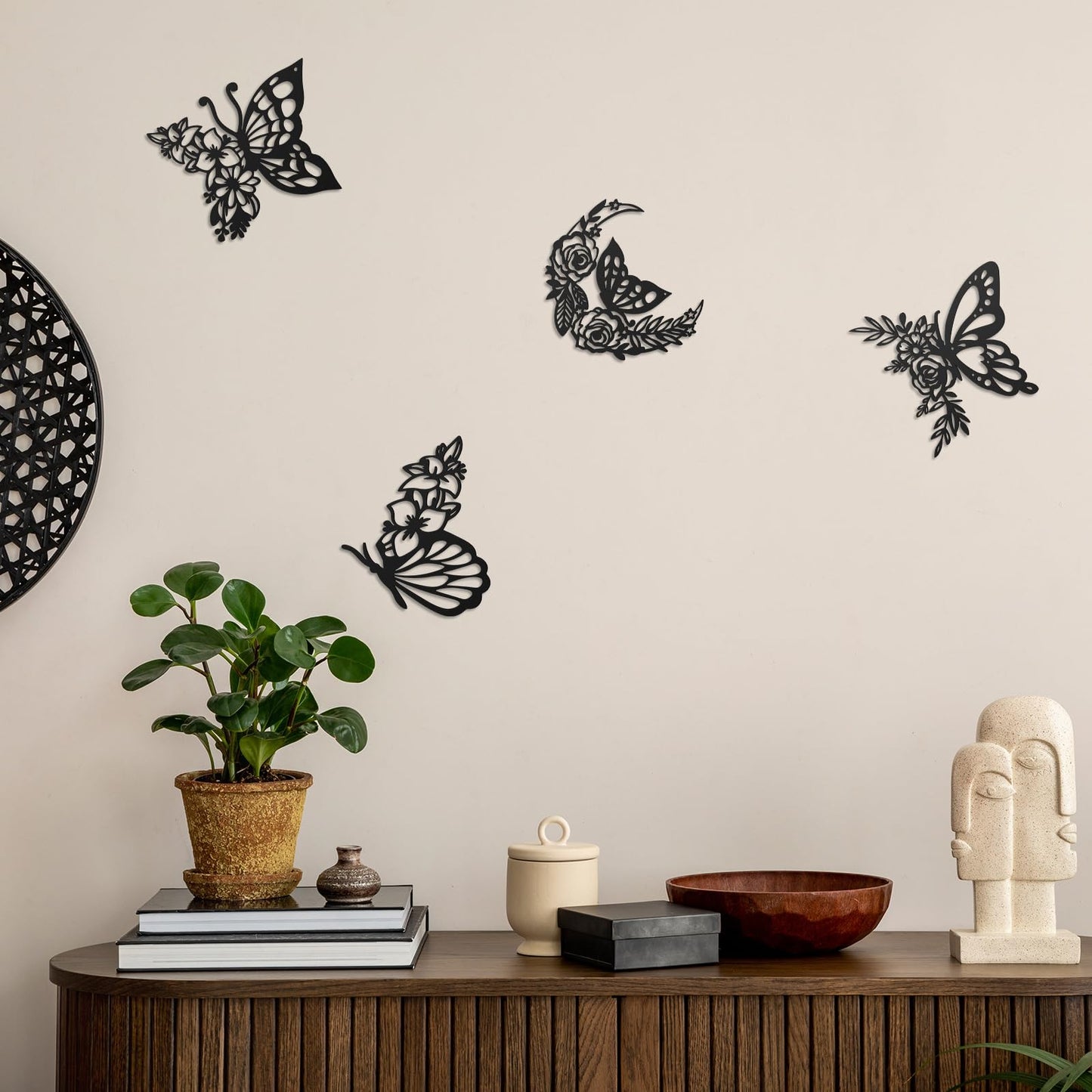 LOYIM 4 Pcs Butterfly Wall Decoration Metal Butterfly Wall Decor Metal Leaf Wall Art Moon Phases Floral Boho Wall Hanging Home Flower Appearance for Bedroom Living Room Home Indoor (Black,Graceful)