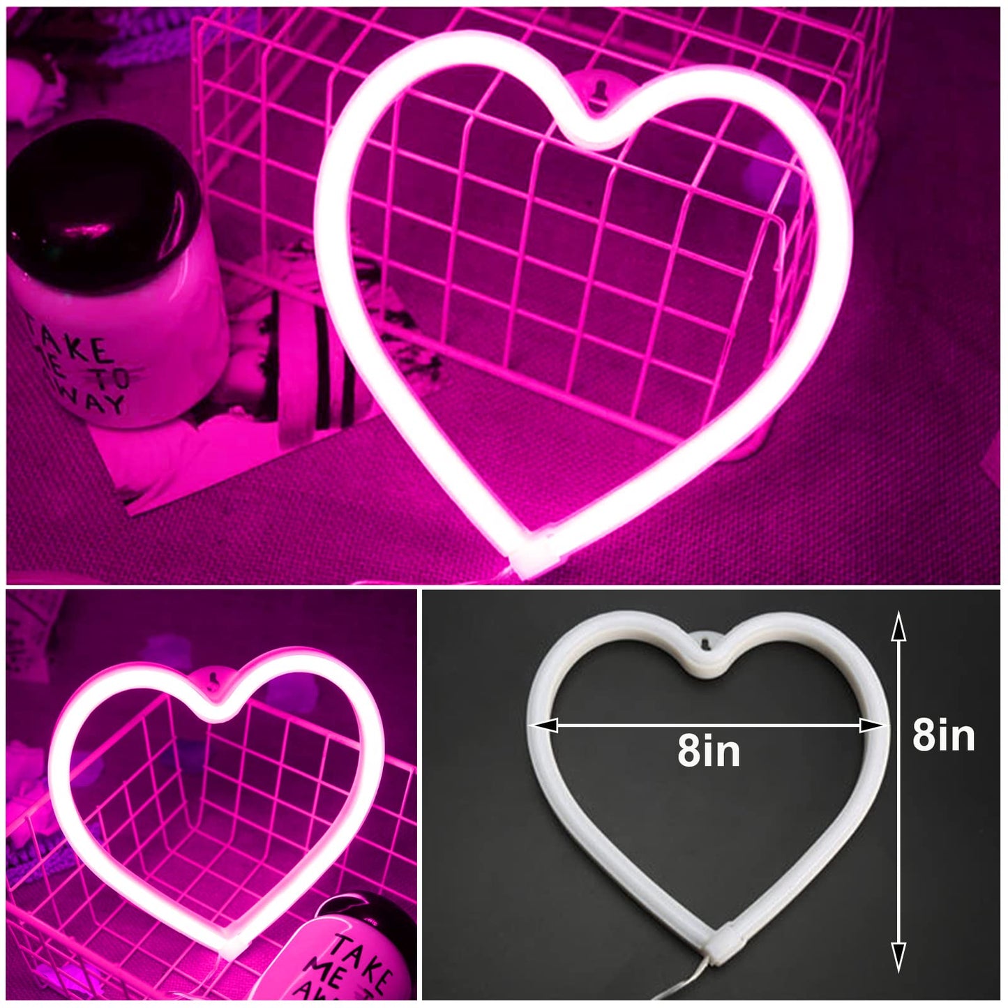 Pink Heart Neon Sign, Battery Operated or USB Powered LED Neon Light for Party, Cute Valentine's Day Decor and Gift Home Decoration Lamp, Table & Wall Decoration Light, Mother's Day Gift and Kids Gift