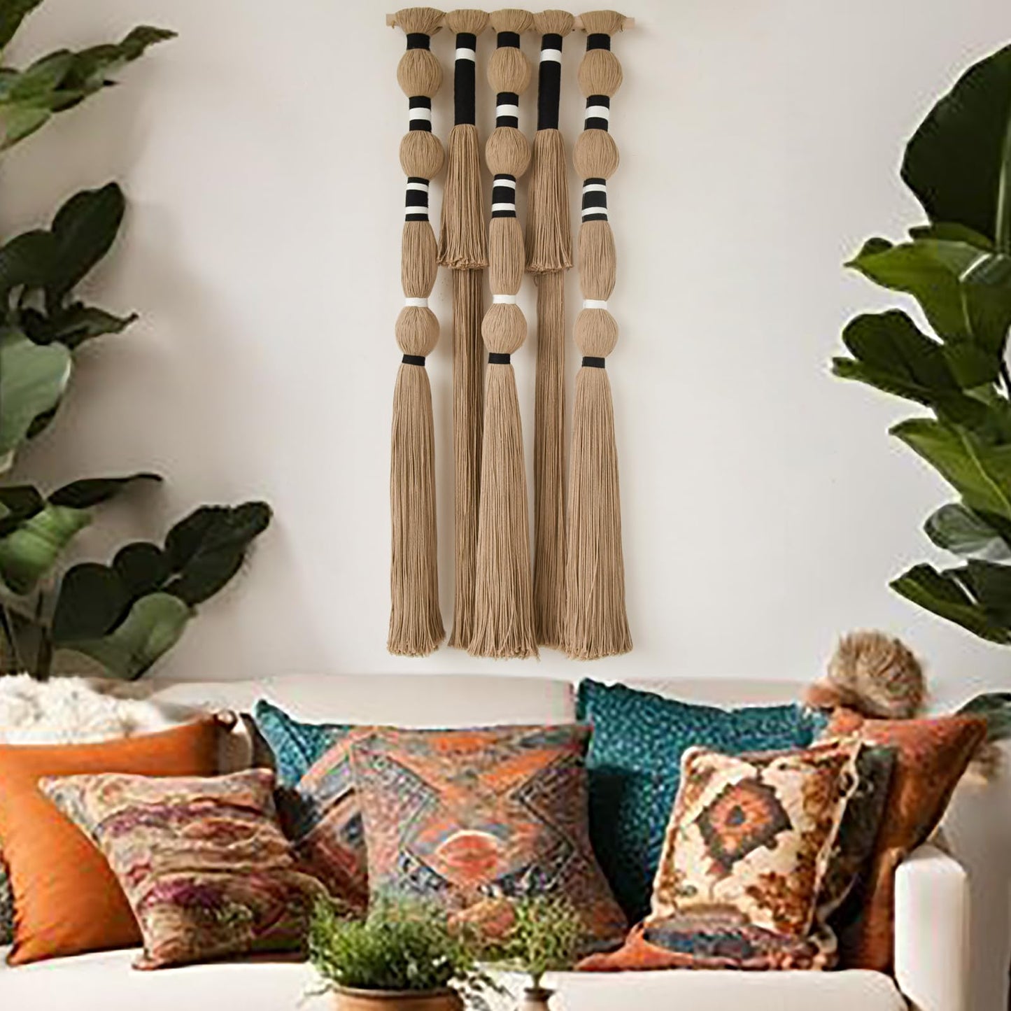 Flber Macrame Wall Hanging Khaki Black Geometric Yarn Wall Art Cotton Tassel Textile Wall Decor for Bedroom Living Room 15.7" W x 39" L