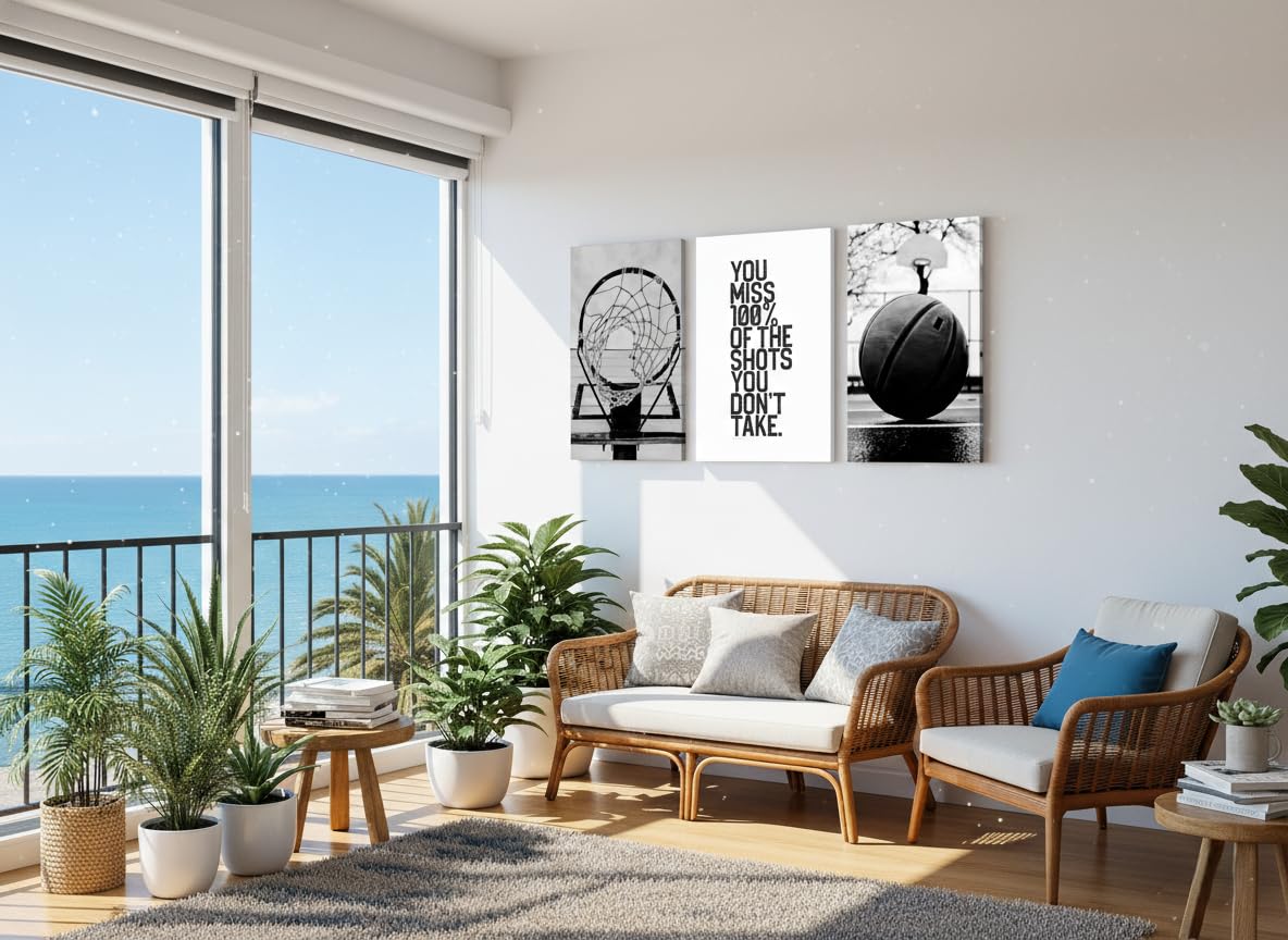 Basketball Wall Art Inspirational Sport Theme Canvas Poster Prints Motivational Sports Pictures Paintings Black and White Basketball Hoop and Ball for Bedroom Gym Office Wall Decor Unframed