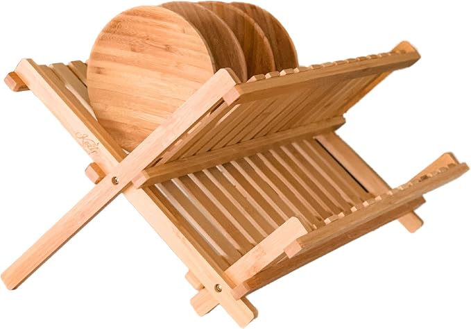 Dish Drying Rack Bamboo Dish Rack Plate Rack Collapsible Dish Drainer, Foldable Dish Drying Rack Wooden Plate Rack Made of 100% Natural Bamboo (Natural Bamboo- Natural Bamboo- Foldable)