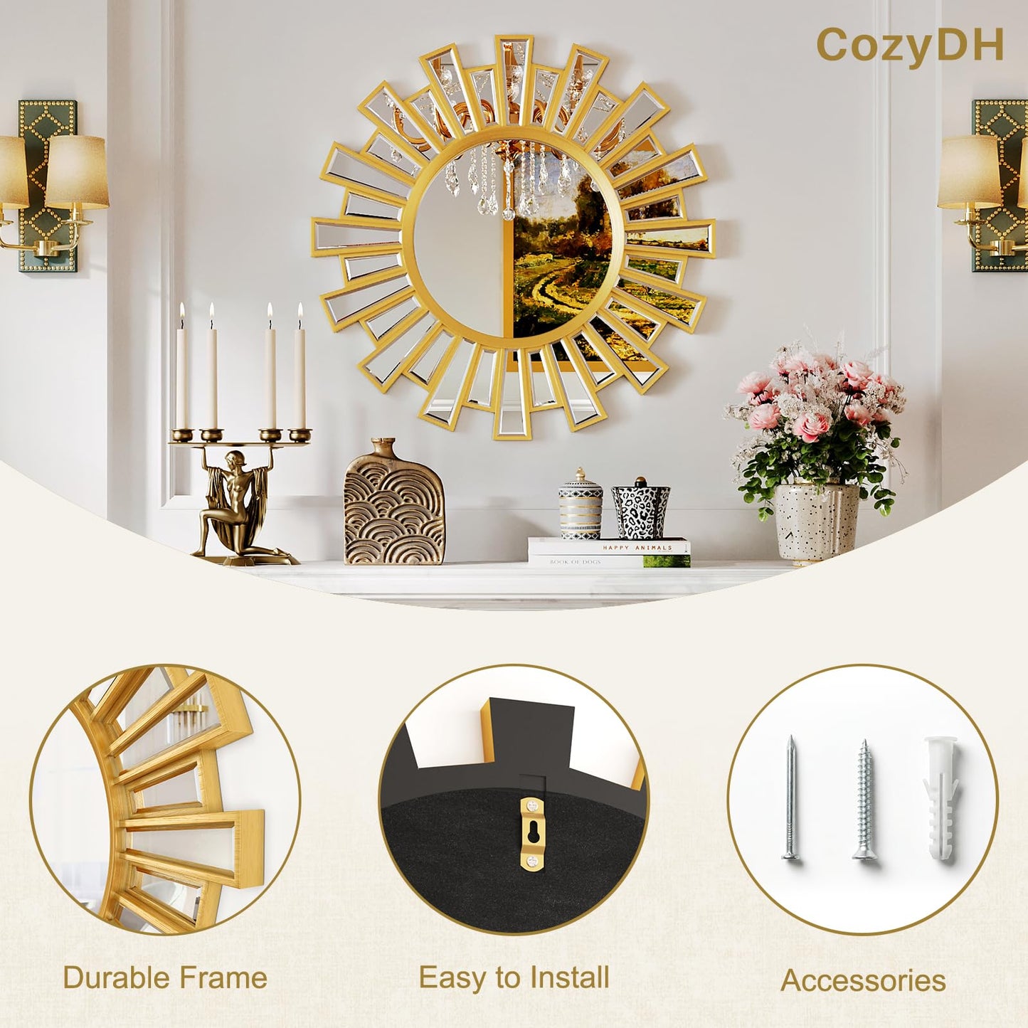 CozyDH Decorative Sunburst Mirror Gold - Large Sun Mirror for Wall Decor 24 inch, Round Modern Boho Sun Wall Art for Bedroom Living Room Hallway Bathroom Entrance