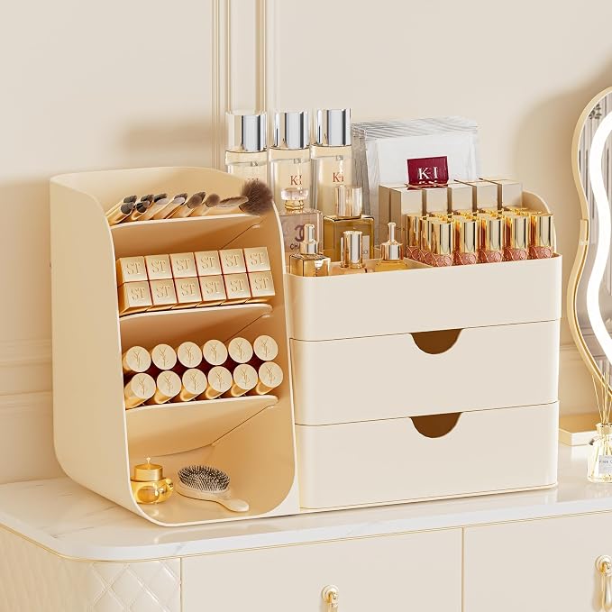 Makeup Organizer Countertop with 2 Drawers, Large Capacity Make Up Organizers for Vanity, Bathroom Organizers and Storage, Cosmetics Organizer Easy To Storage Brushes Eyeshadow Lipstick, Cream